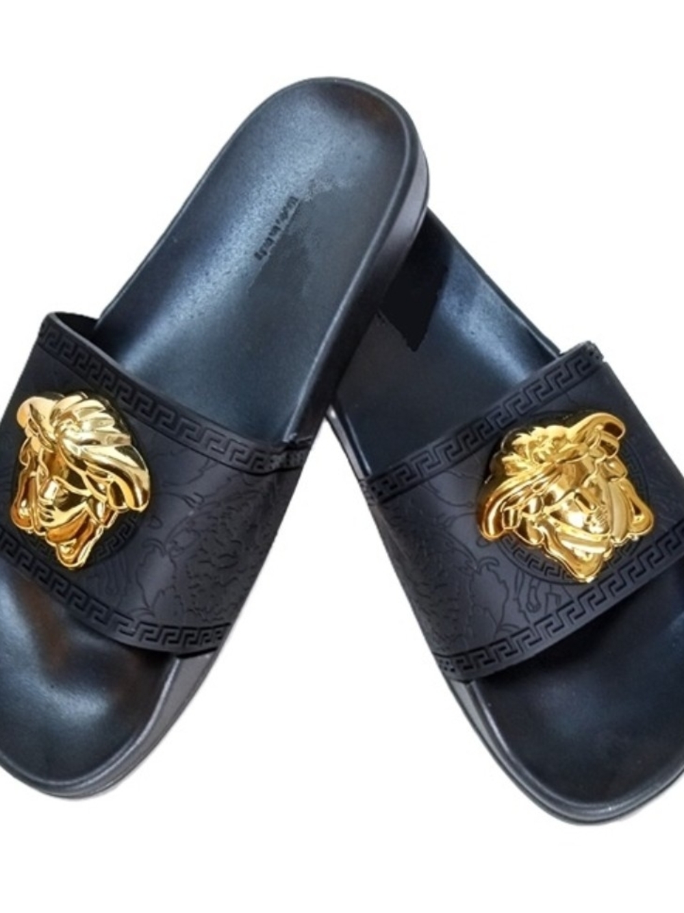 Men's Black Slides with Gold Medusa Emblem